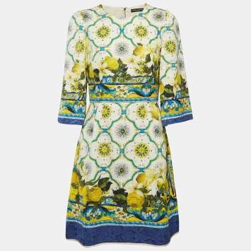 Pre Owned Dolce & Gabbana White Lemon & Majolica Jacquard Short Dress M