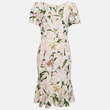 Pre Owned Dolce & Gabbana Pink Floral Print Crepe Flounce Midi Dress M