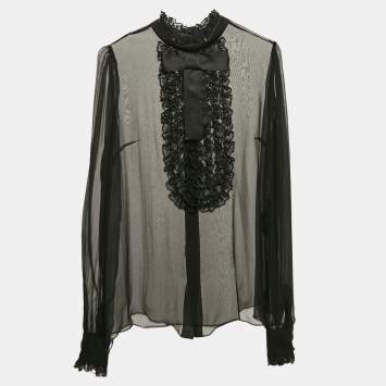 Pre Owned Dolce & Gabbana Black Sheer Silk Lace Trim Button Front Top M