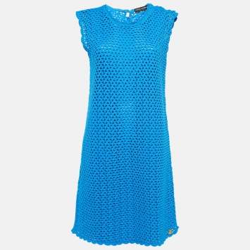 Pre Owned Dolce & Gabbana Blue Crotch Patterned Cotton Knit Midi Dress L
