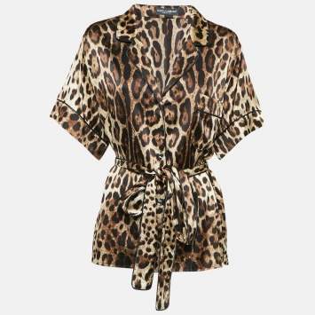 Pre Owned Dolce & Gabbana Brown Leopard Print Stretch Silk Belted Shirt XL