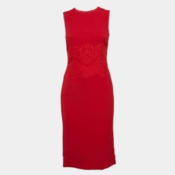 Pre Owned Dolce & Gabbana Red Crepe Lace Trim Sleeveless Dress S