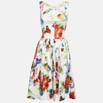 مملوكة مسبقًا Dolce & Gabbana Multicolor Floral Print Cotton Pleated Short Dress S