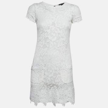 Pre Owned Dolce & Gabbana White Floral Lace Applique Trim Detail Mini Dress S