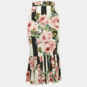 Pre Owned Dolce & Gabbana Pink/Black Rose Print Silk Flared Midi Skirt XS