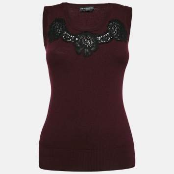 Pre Owned Dolce & Gabbana Burgundy Wool Lace Detail Sleeveless Top M