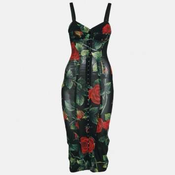 Pre Owned Dolce & Gabbana Black Rose Print Stretch Mesh Sheer Bodycon Dress XS
