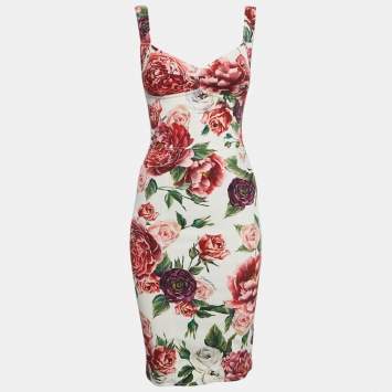 Pre Owned Dolce & Gabbana White Floral Print Silk Blend Sheath Dress S