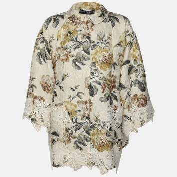 مملوكة مسبقًا Dolce & Gabbana Light Cream Floral Printed Silk Jacquard Button Front Jacket S