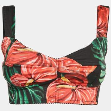 Pre Owned Dolce & Gabbana Black Anthurium Print Cotton Jersey Crop Top S