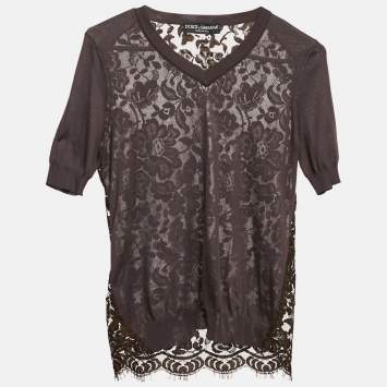Pre Owned Dolce & Gabbana Brown Jersey and Lace V-Neck Top S