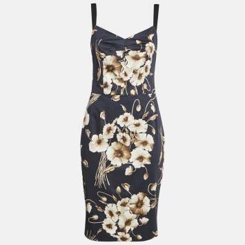 Pre Owned Dolce & Gabbana Navy Blue Floral Print Cotton Midi Dress M