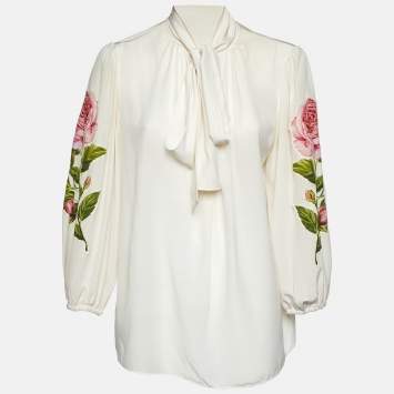 Pre Owned Dolce & Gabbana Cream Floral Appliqued Silk Blouse L