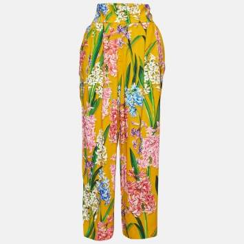 Pre Owned Dolce & Gabbana Yellow Floral Print Crepe Wide Leg Pants M