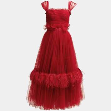 Pre Owned Dolce & Gabbana Red Dotted Tulle Feather Detail Midi Dress S