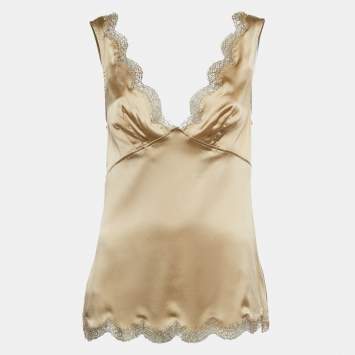 Pre Owned Dolce & Gabbana Beige Lace Trim Satin V-Neck Top M