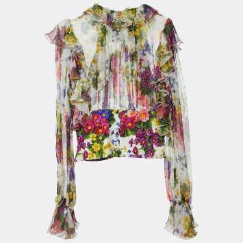 Pre Owned Dolce & Gabbana White Floral Print Silk Chiffon Ruffled Top M