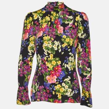 Pre Owned Dolce & Gabbana Black Floral Print Silk Long Sleeve Top M