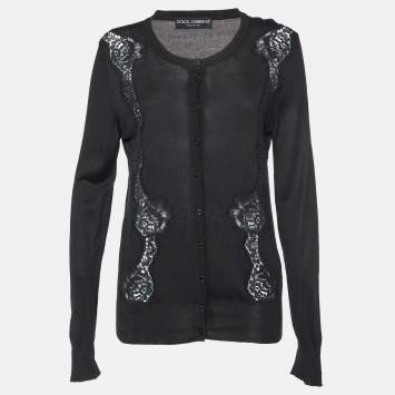 Pre Owned Dolce & Gabbana Black Silk Knit & Lace Trim Cardigan L