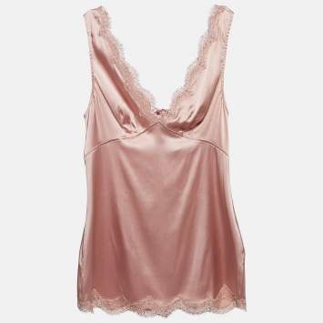 Pre Owned Dolce & Gabbana Pink Lace Trim Stretch Satin Camisole Top M