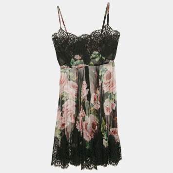 Pre Owned Dolce & Gabbana Black Floral Print Silk Lace Trim Sheer Intimate Dress XS