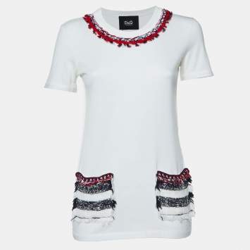 Pre Owned Dolce & Gabbana White Cotton Tweed Trimmed T-Shirt S
