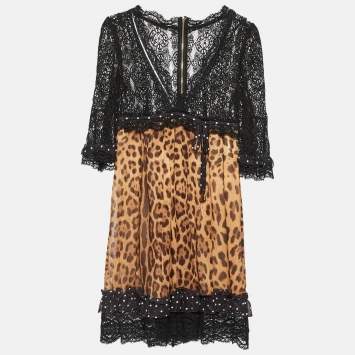 Pre Owned Dolce & Gabbana Brown/Black Leopard Print Cotton and Lace Mini Dress S