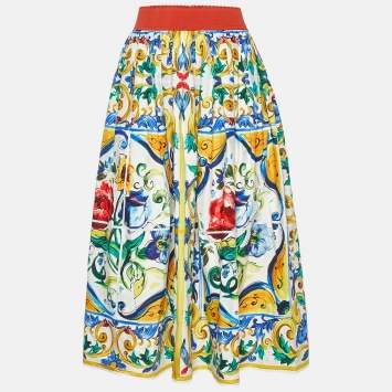 Pre Owned Dolce & Gabbana Multicolor Printed Cotton Midi Skirt L