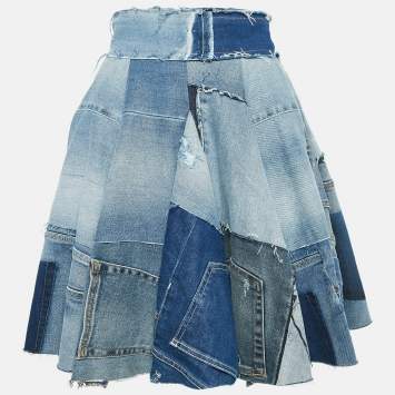 Pre Owned Dolce & Gabbana Blue Denim Patch Work Flared Short Skirt XS