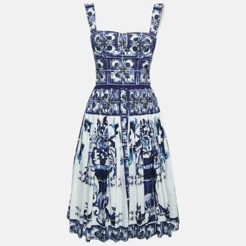 Pre Owned Dolce & Gabbana Blue/White Majolica Print Cotton Pleated Short Dress XS