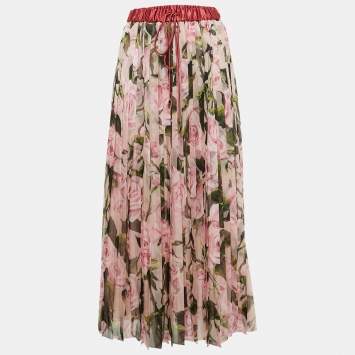 Pre Owned Dolce & Gabbana Pink Floral Print Chiffon Pleated Midi Skirt M