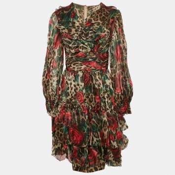 Pre Owned Dolce & Gabbana Brown Rose & Leopard Print Organza Tiered Short Dress M
