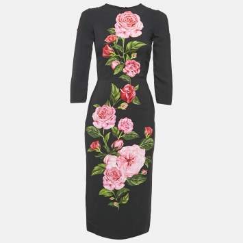 Pre Owned Dolce & Gabbana Black Floral Print Crepe Midi Dress XS