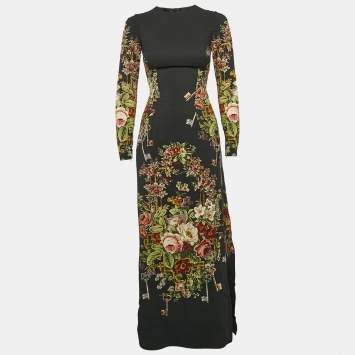 Pre Owned Dolce & Gabbana Black Floral Print Crepe Long Sleeve Maxi Dress XS