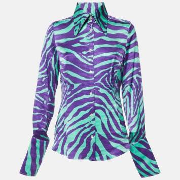 Pre Owned Dolce & Gabbana Green/Purple Tiger Print Logo Jacquard Silk Shirt L