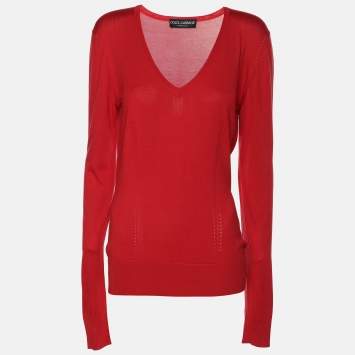 Pre Owned Dolce & Gabbana Red Silk Knit V Neck Full Sleeve Top M