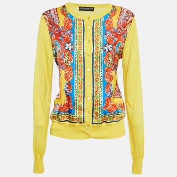 Pre Owned Dolce & Gabbana Yellow Caretto Print Silk Cardigan M