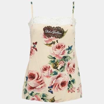 Pre Owned Dolce & Gabbana Pink Floral Print Silk and Lace Trim Cami Top L
