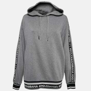 Pre Owned Dolce & Gabbana Grey Logo Band Jersey Hooded Sweatshirt S
