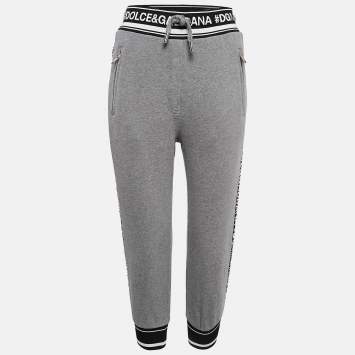 Pre Owned Dolce & Gabbana Grey Logo Band Jersey Drawstring Crop Sweatpants S