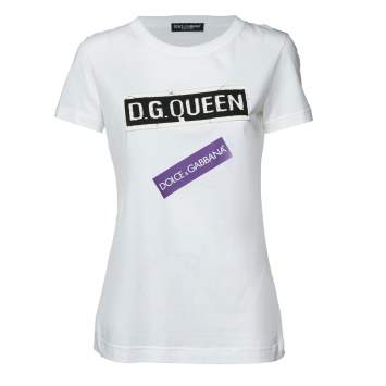 Pre Owned Dolce & Gabbana White Logo Print Cotton Patchwork Detail T-Shirt S