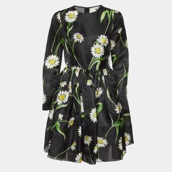 Pre Owned Dolce & Gabbana Black Floral Print Silk Flared Short Dress M