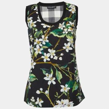 Pre Owned Dolce & Gabbana Black Floral and Checked Print Cotton Sleeveless Top S