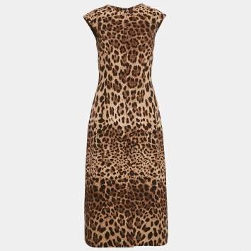 Pre Owned Dolce & Gabbana Brown Leopard Print Wool Midi Dress S