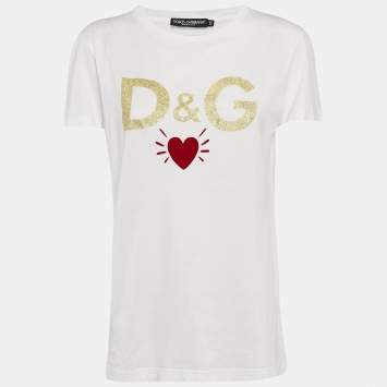 Pre Owned Dolce & Gabbana White Logo Heart Glitter Print Jersey T-Shirt M