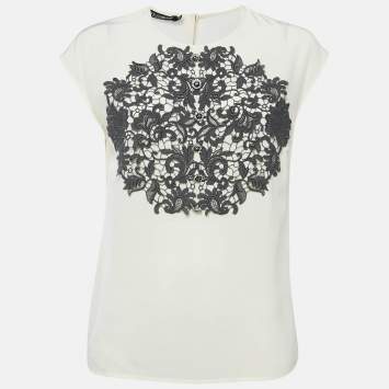 Pre Owned Dolce & Gabbana Cream Lace Trim Silk Sleeveless Blouse M