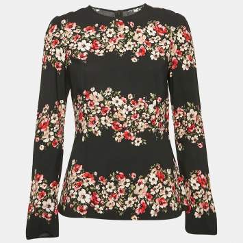 Pre Owned Dolce & Gabbana Black Floral Print Crepe Long Sleeve Blouse M