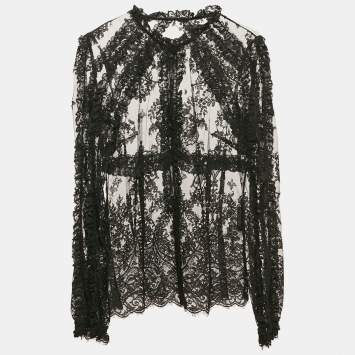 Pre Owned Dolce & Gabbana Black Floral Lace Ruffled Blouse M