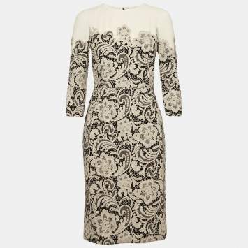 Pre Owned Dolce & Gabbana Light Beige Lace Print Crepe Short Dress S