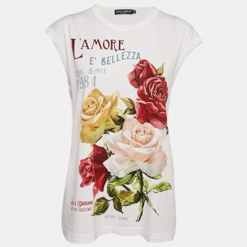 Pre Owned Dolce & Gabbana White L'amore e Bellezza Print Cotton Sleeveless T-Shirt M